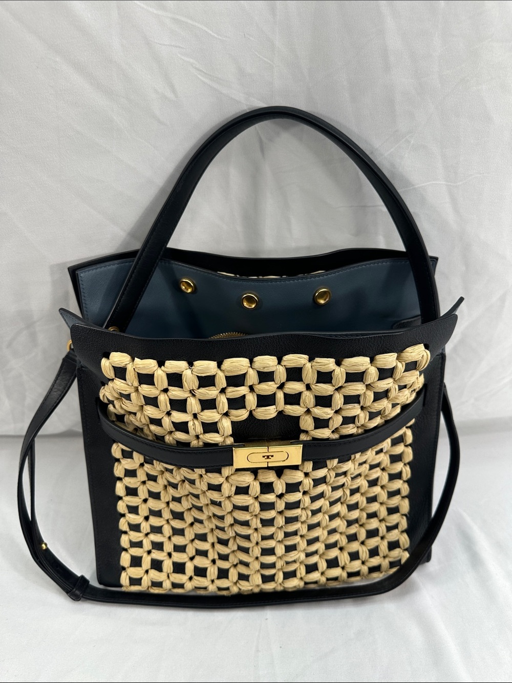 Tory Burch Lee Radziwill Woven Raffia Double Satchel Bag W/ Dust Cover